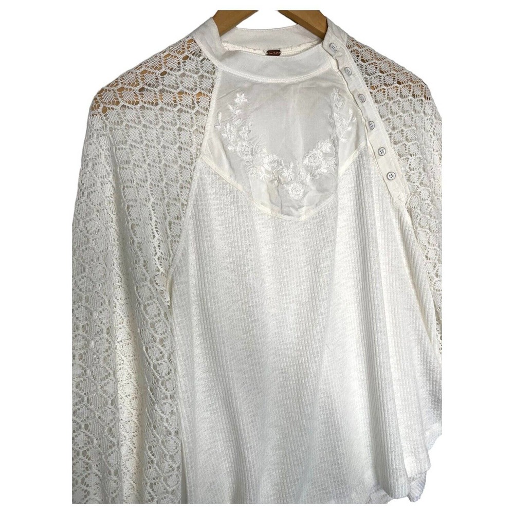 Free People Top Womens S Sweetest Thing Waffle Embroidered Boho Peasant Ivory - Picture 8 of 16